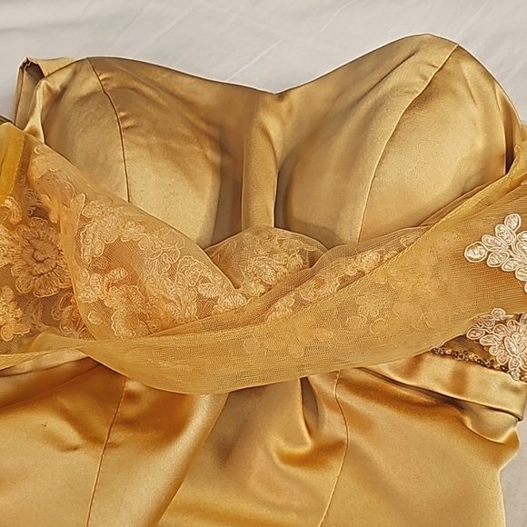 JJs House satin skirt delicate lace-embroidered bodice sheer short sleeves. - Picture 16 of 16